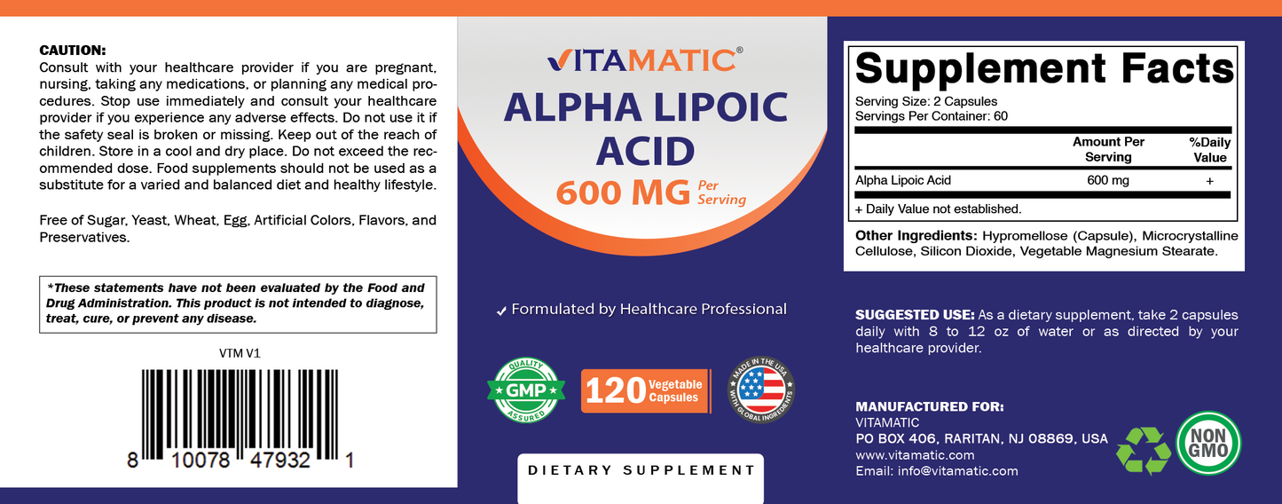 Alpha Lipoic Acid (ALA) 600mg Per Serving - 120 Vegetable Capsules