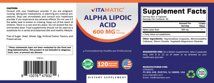 Alpha Lipoic Acid (ALA) 600mg Per Serving - 120 Vegetable Capsules