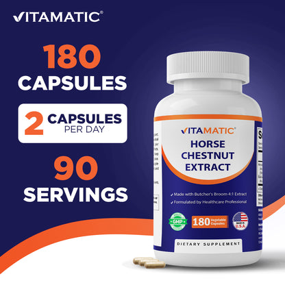 Horse Chestnut Extract 700 mg (Standardized 20% Aescin) with Butcher’s Broom 4:1 Extract 300 mg 180 Capsules
