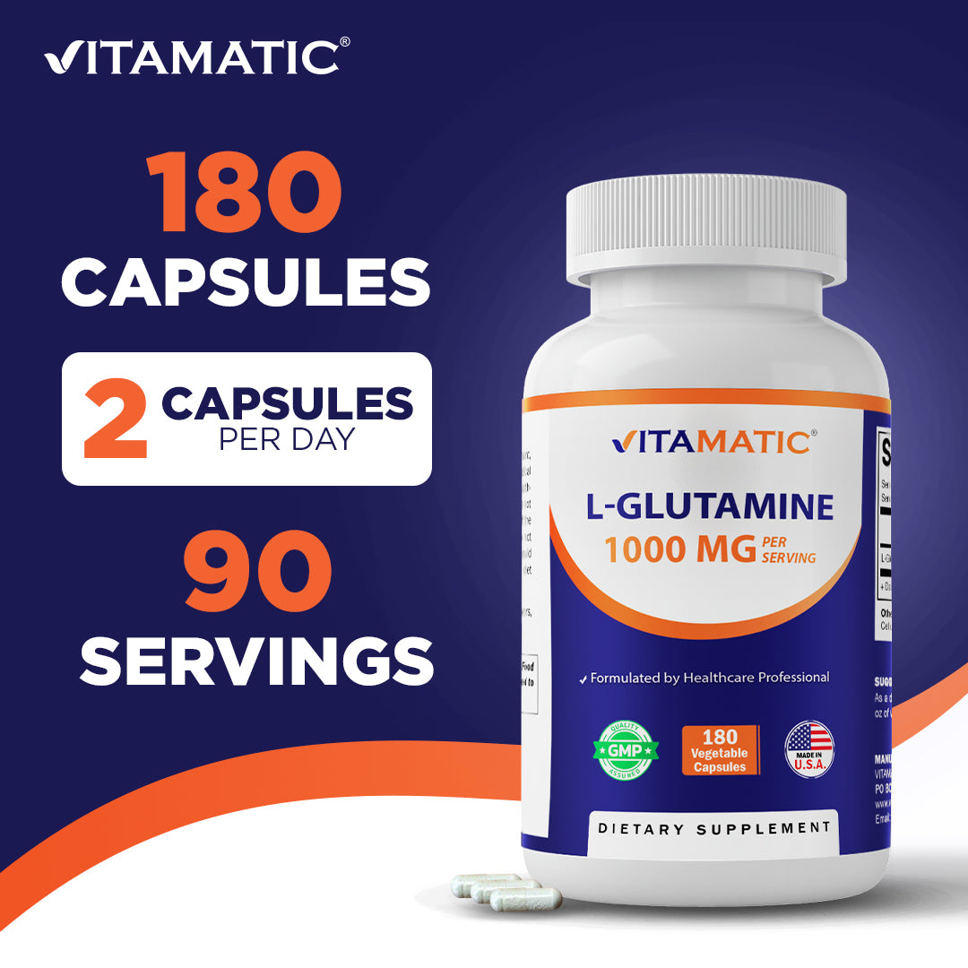 Vitamatic L-Glutamine 1000 mg Per Serving, 180 Vegetarian Capsules, Non-GMO, Gluten Free, Amino Acid Supplement, Made in the USA