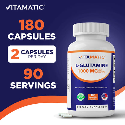 Vitamatic L-Glutamine 1000 mg Per Serving, 180 Vegetarian Capsules, Non-GMO, Gluten Free, Amino Acid Supplement, Made in the USA