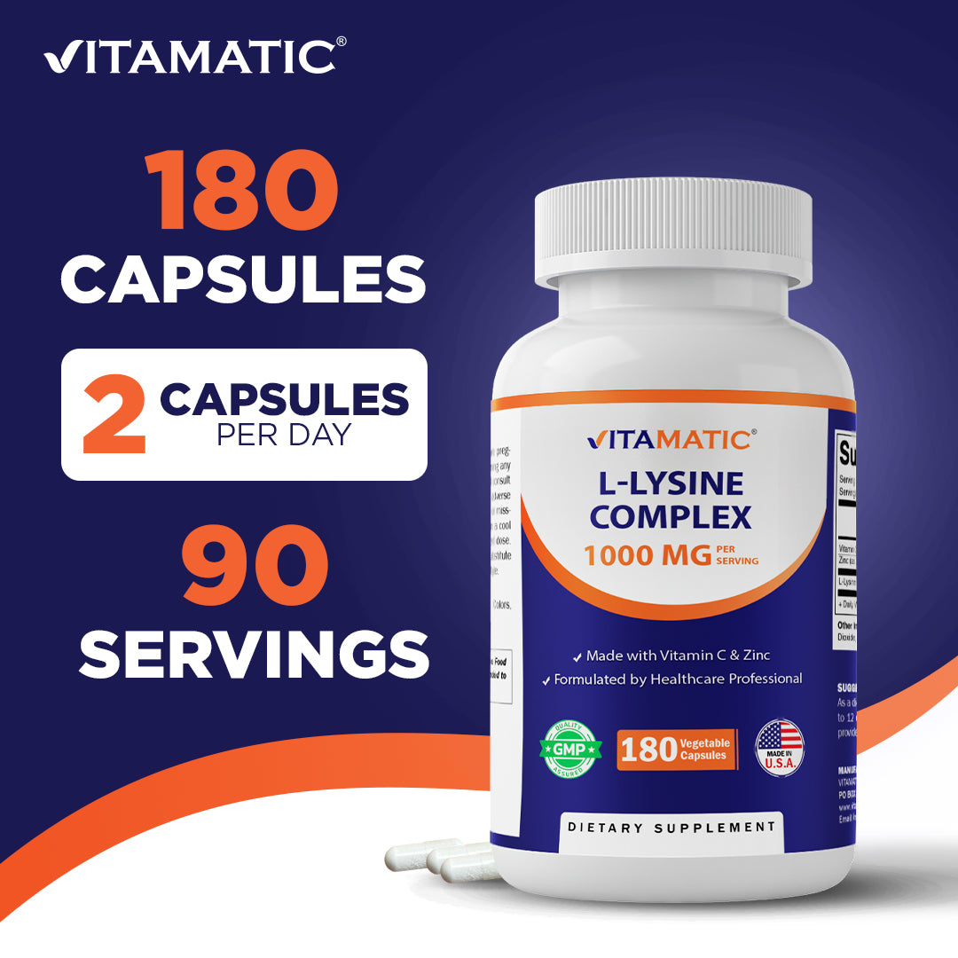 L-Lysine Complex 1000 mg with Vitamin C  & Zinc – 180 Vegetable Capsules