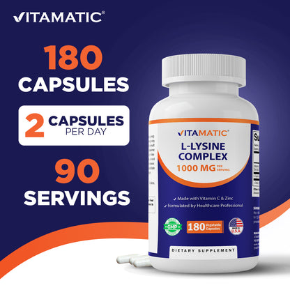 L-Lysine Complex 1000 mg with Vitamin C  & Zinc – 180 Vegetable Capsules