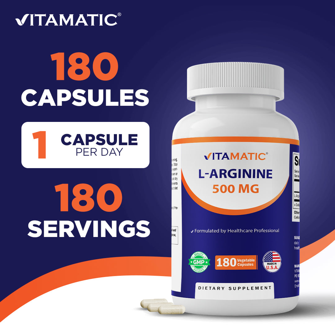L-Arginine 500mg, 180 Vegetarian Capsules