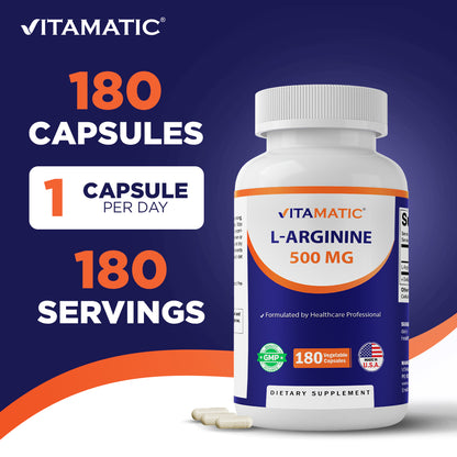 L-Arginine 500mg, 180 Vegetarian Capsules