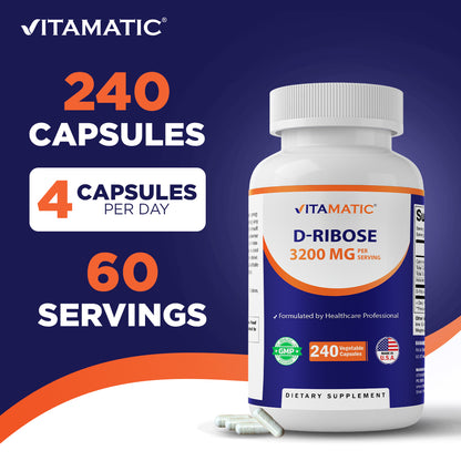 D-Ribose 3200 mg per Serving – 240 Vegetarian Capsules