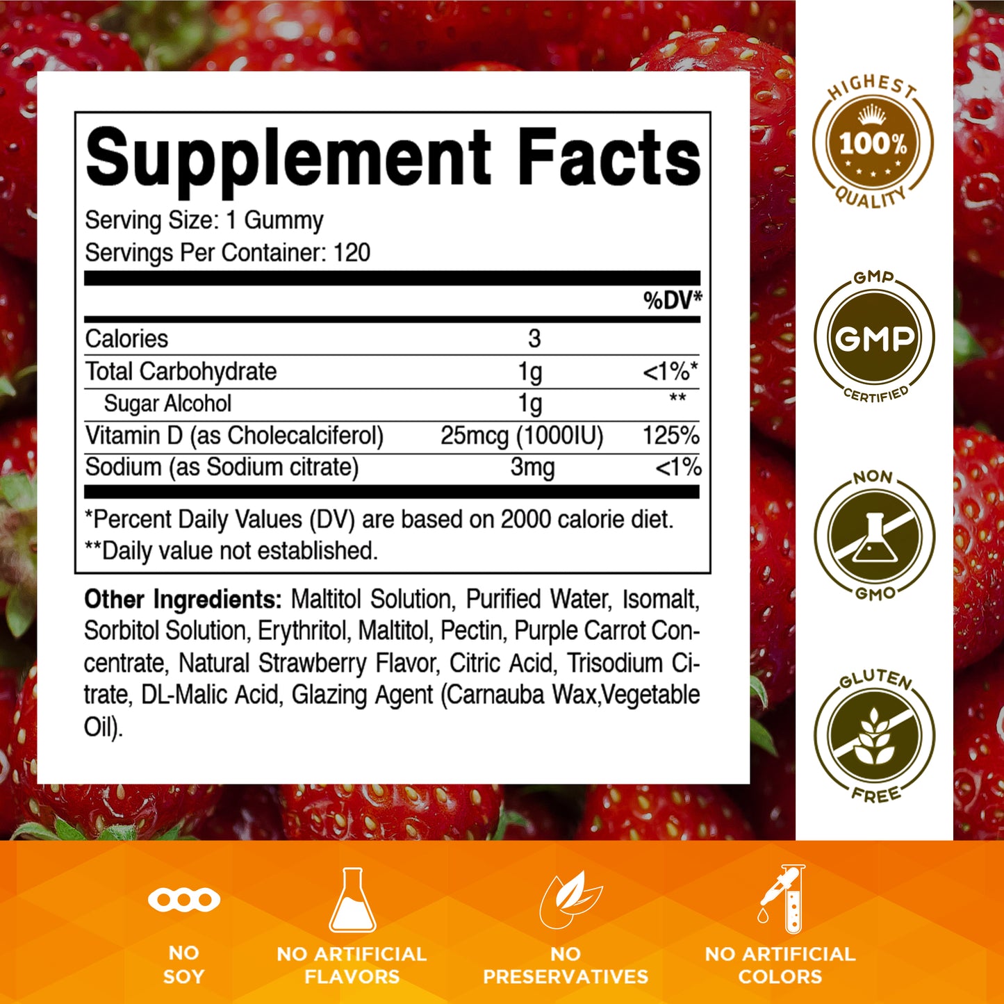 Sugar Free Vitamin D3 1000 IU - 120 Gummies
