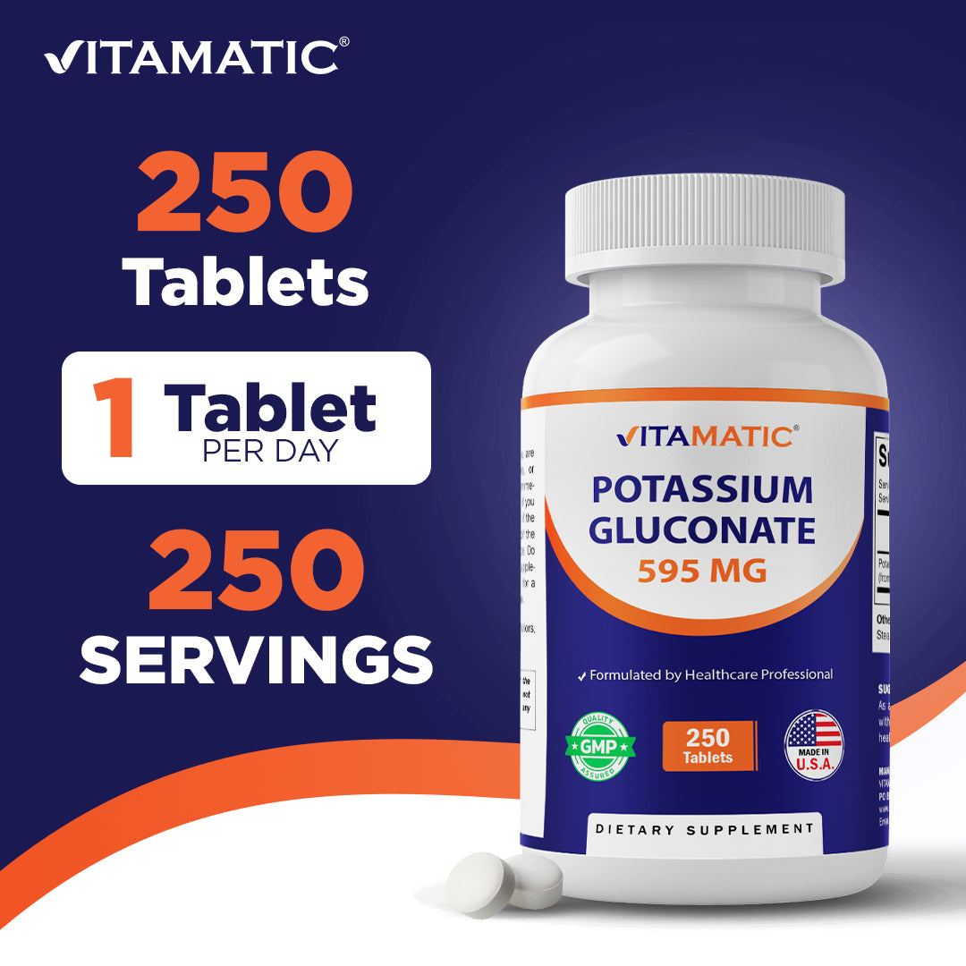 Potassium Gluconate 595 mg – 250 Tablets – Non-GMO, Made in USA