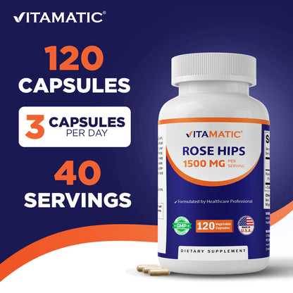 Vitamatic Rose Hips 1500 mg per Serving (Rosa Canina) – 120 Capsules – Non-GMO, Gluten Free Herbal Supplement – Rich in Natural Vitamin C & Antioxidants – Immune Support – Made in USA