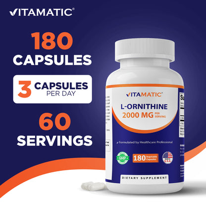 L-Ornithine 2000 mg Per Serving – 180 Vegetable Capsules – Amino Acid Supplement