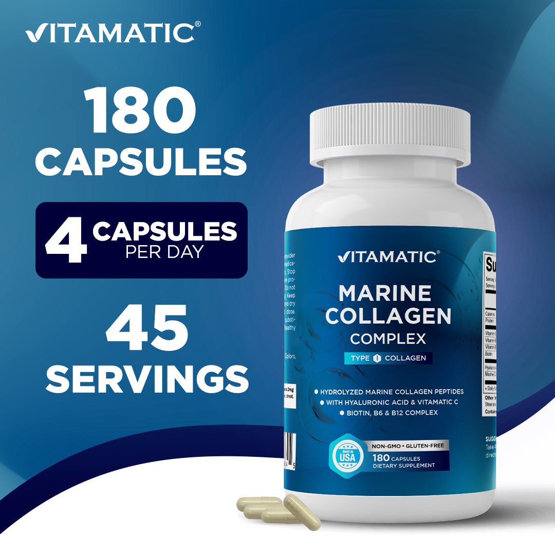 Marine Collagen Complex Type I – 2000 mg per Serving with Hyaluronic Acid, Vitamin C, Biotin, B6 & B12 – 180 Capsules
