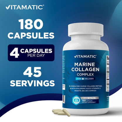 Marine Collagen Complex Type I – 2000 mg per Serving with Hyaluronic Acid, Vitamin C, Biotin, B6 & B12 – 180 Capsules