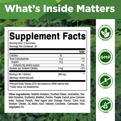 Vitamatic Sugar-Free Moringa Gummies - 10000 mg per Serving - 60 Pectin-Based Gummies - Essential Minerals Supplement - Clean Fitness - Multicolor Flavors - Non-GMO & Gluten-Free - Natural & Vegan