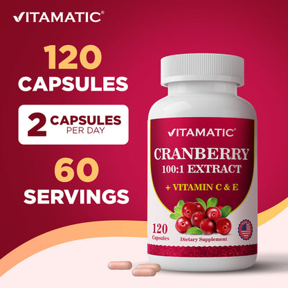 Cranberry 500 mg 100:1 Extract (2 Capsules) with Vitamin C & E – 120 Veg Capsules