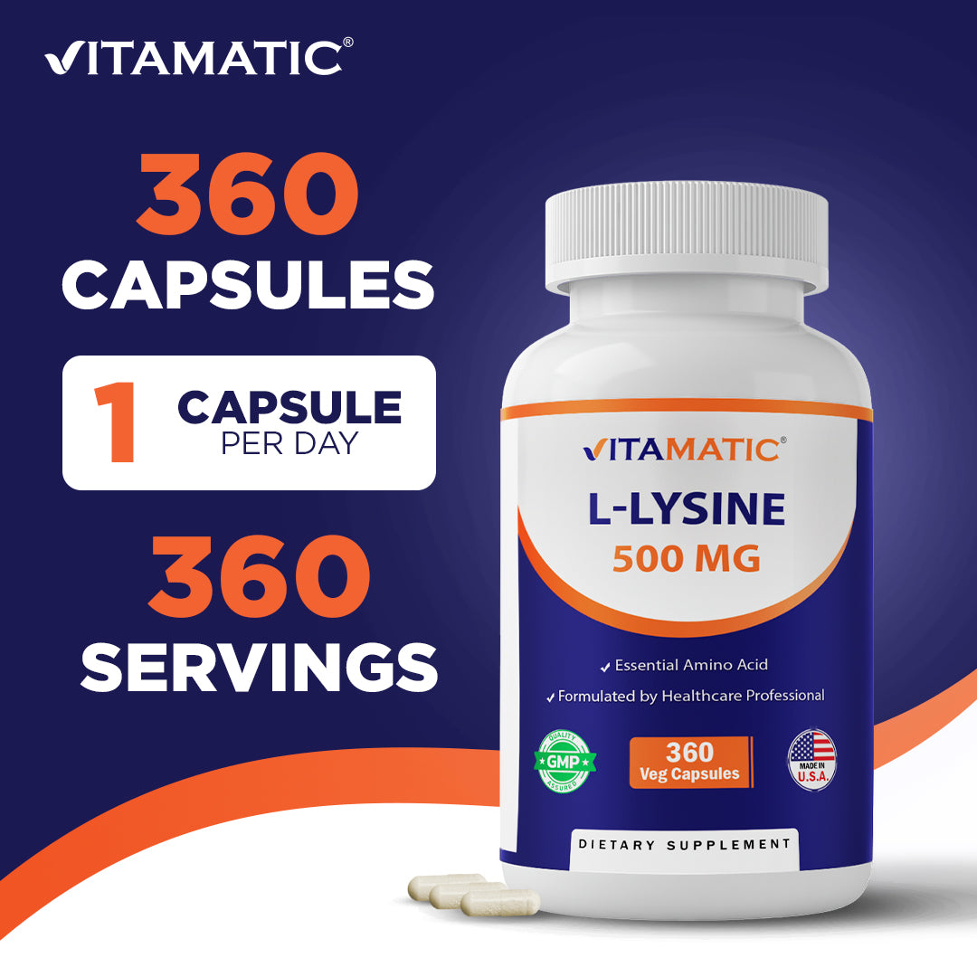 L-Lysine 500 mg, 360 Vegetarian Capsules – Essential Amino Acid Supplement