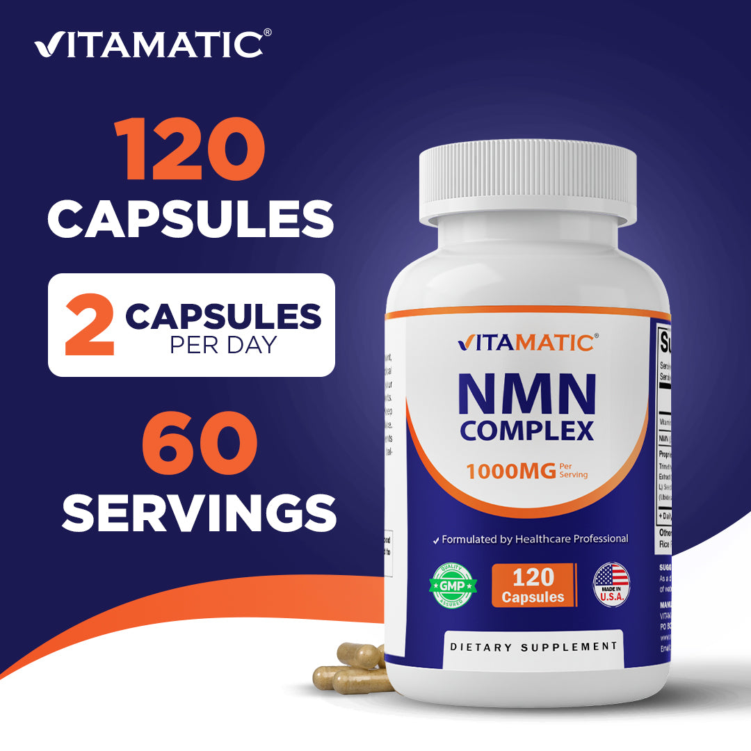 NMN Complex 1000 mg Per Serving – Made with Resveratrol, CoQ10, TMG – 120 Vegetable Capsules