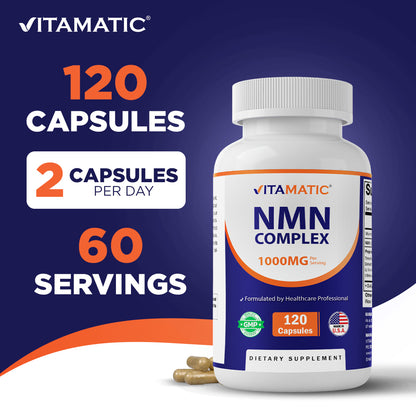 NMN Complex 1000 mg Per Serving – Made with Resveratrol, CoQ10, TMG – 120 Vegetable Capsules