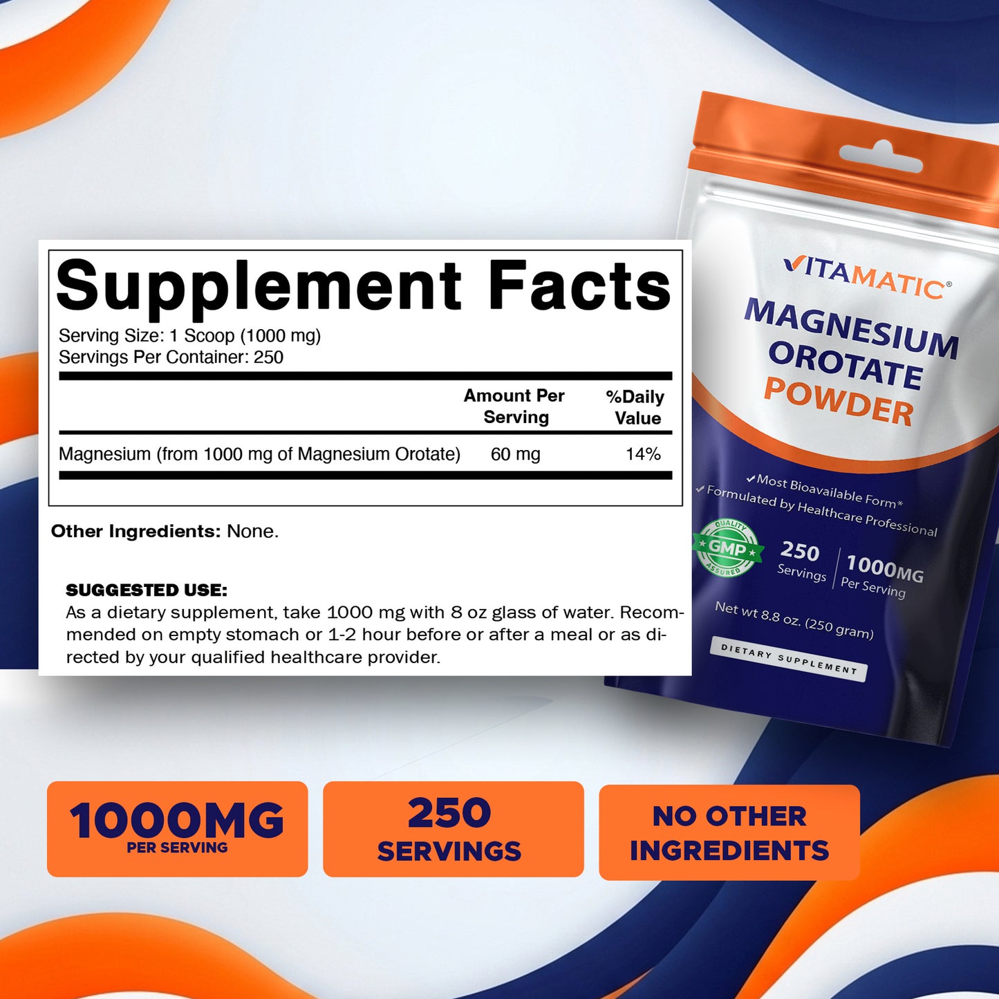 Magnesium Orotate 1000 mg per Serving 250 Grams - 250 Servings