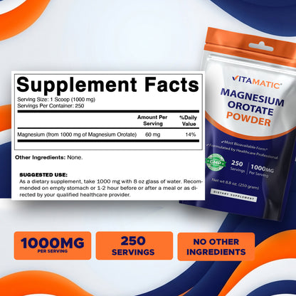 Magnesium Orotate 1000 mg per Serving 250 Grams - 250 Servings