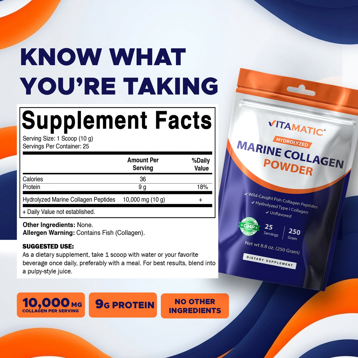 Hydrolyzed Marine Collagen Powder 250g (8.8 oz) – Wild-Caught Fish Collagen Peptides – Type I Collagen – Unflavored Protein Powder – 10g per Serving