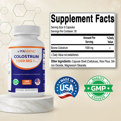 Vitamatic Bovine Colostrum 30% IgG Supplement 1500 mg per Serving-180 Veg Capsules