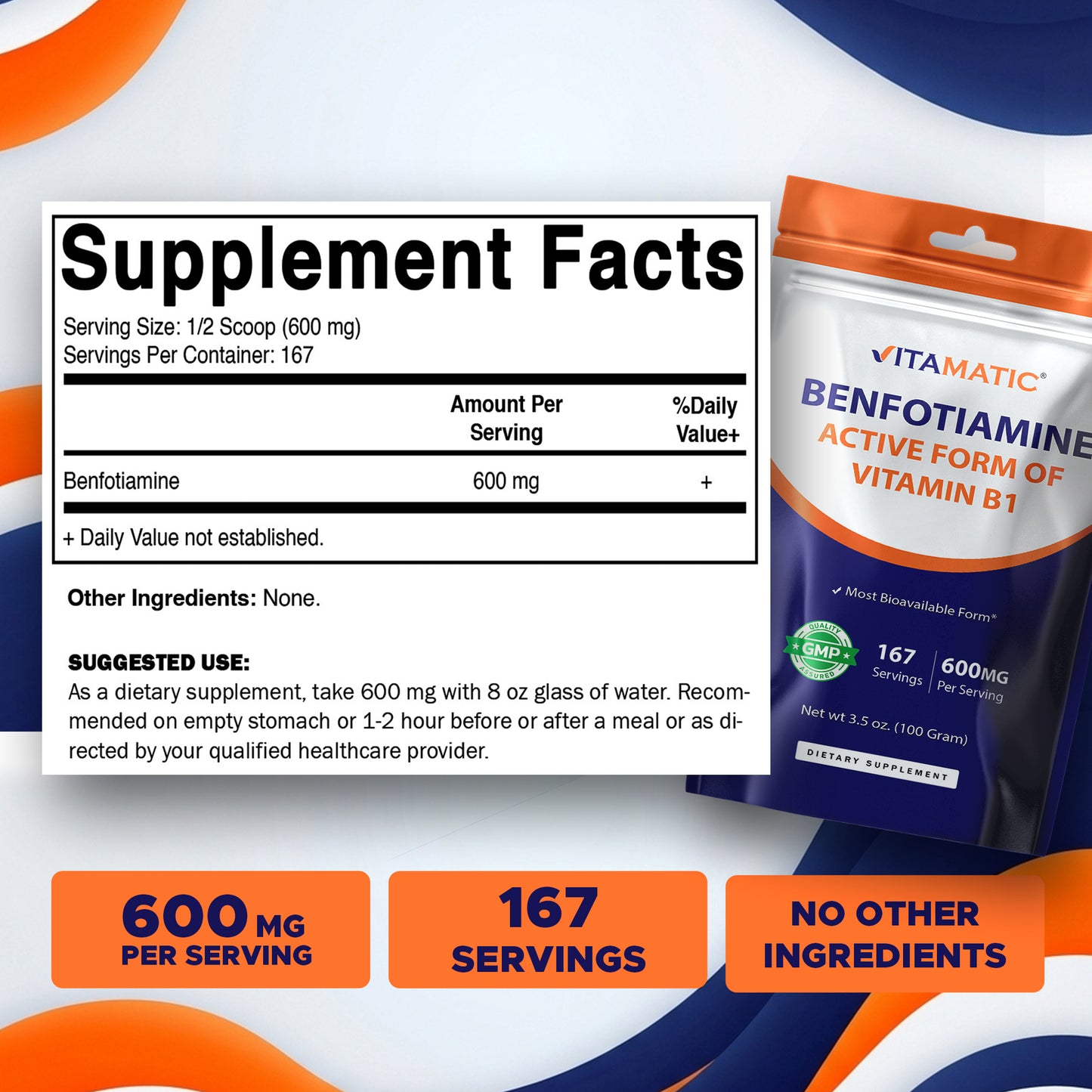 Benfotiamine Pure Powder 600 mg per Serving - 100 Grams