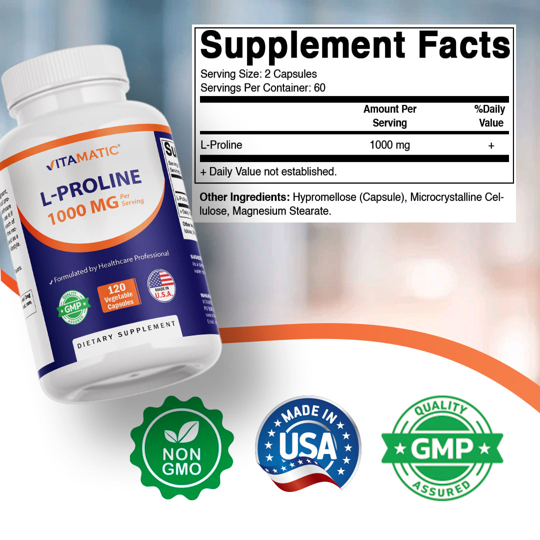 L-Proline 1000 MG Per Serving – 120 Vegetarian Capsules