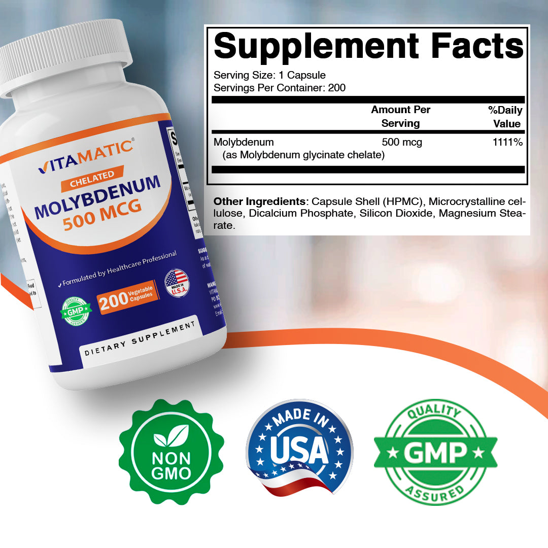 Chelated Molybdenum 500 mcg (as Molybdenum Glycinate Chelate) – 200 Vegetable Capsules