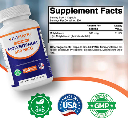 Chelated Molybdenum 500 mcg (as Molybdenum Glycinate Chelate) – 200 Vegetable Capsules