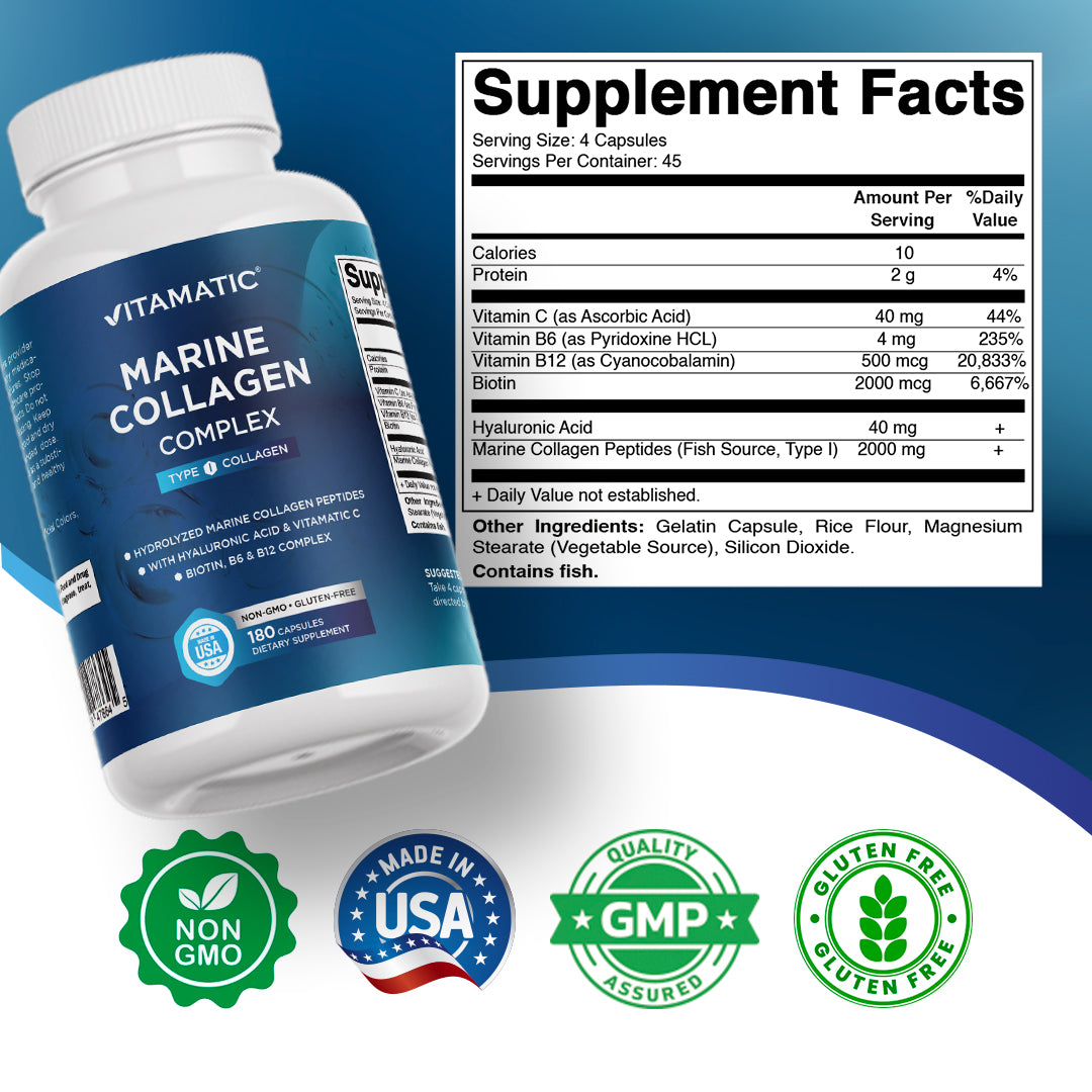 Marine Collagen Complex Type I – 2000 mg per Serving with Hyaluronic Acid, Vitamin C, Biotin, B6 & B12 – 180 Capsules