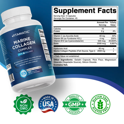 Marine Collagen Complex Type I – 2000 mg per Serving with Hyaluronic Acid, Vitamin C, Biotin, B6 & B12 – 180 Capsules