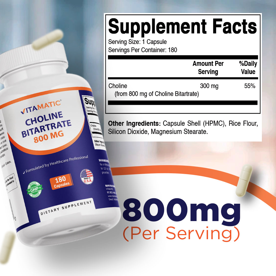 Choline Bitartrate 800 mg – 180 Vegetable Capsules – Vitamatic