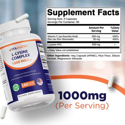 L-Lysine Complex 1000 mg with Vitamin C  & Zinc – 180 Vegetable Capsules