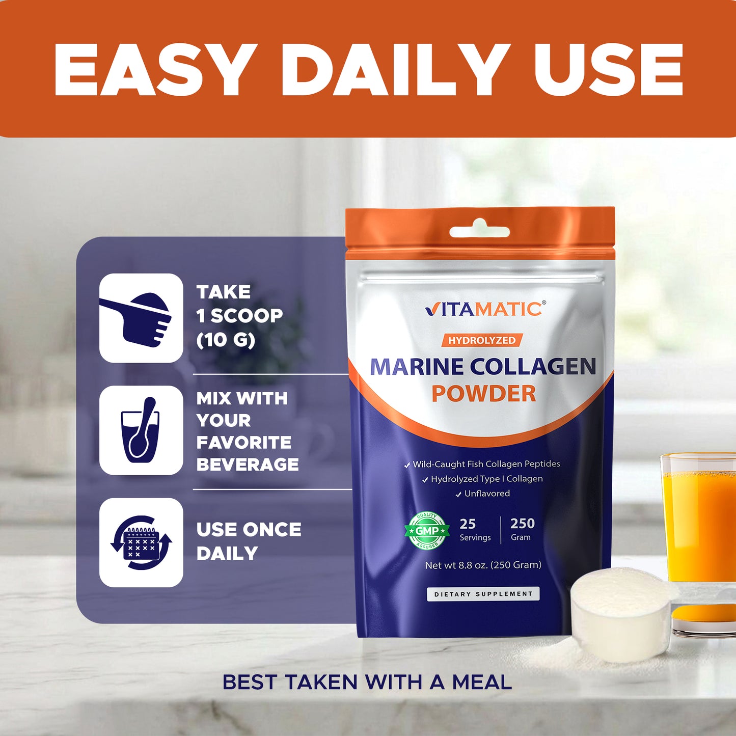 Hydrolyzed Marine Collagen Powder 250g (8.8 oz) – Wild-Caught Fish Collagen Peptides – Type I Collagen – Unflavored Protein Powder – 10g per Serving