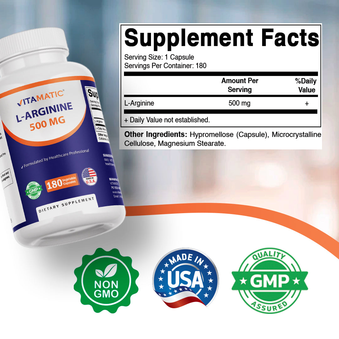 L-Arginine 500mg, 180 Vegetarian Capsules