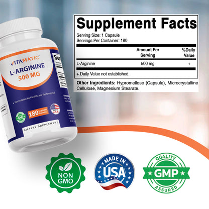 L-Arginine 500mg, 180 Vegetarian Capsules