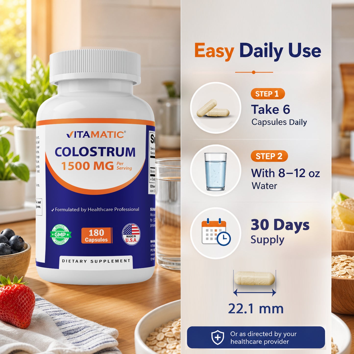 Vitamatic Bovine Colostrum 30% IgG Supplement 1500 mg per Serving-180 Veg Capsules