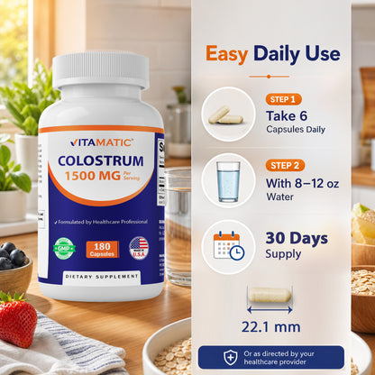 Vitamatic Bovine Colostrum 30% IgG Supplement 1500 mg per Serving-180 Veg Capsules