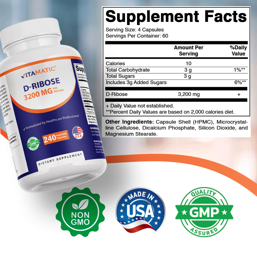 D-Ribose 3200 mg per Serving – 240 Vegetarian Capsules