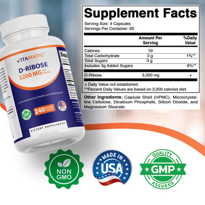 D-Ribose 3200 mg per Serving – 240 Vegetarian Capsules