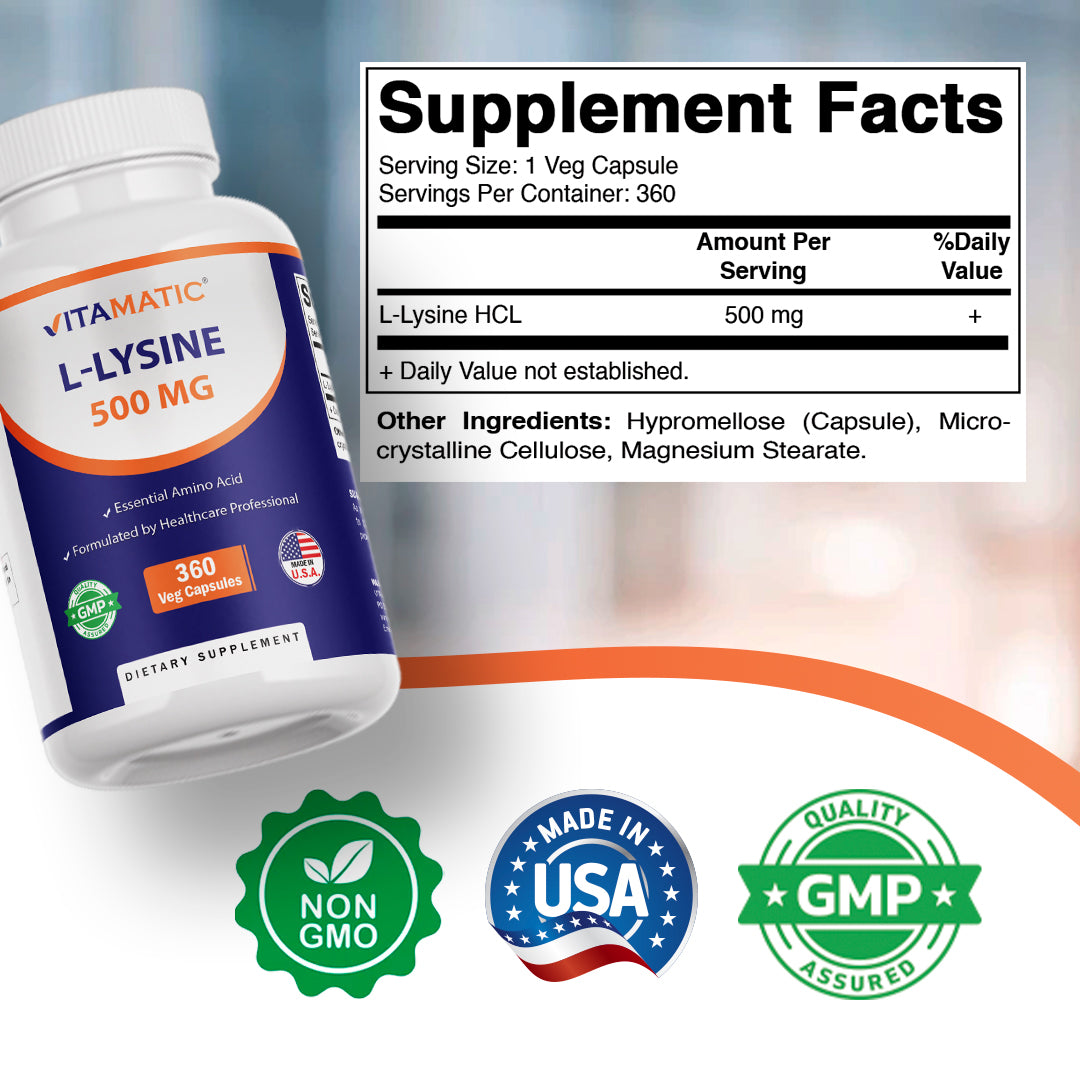 L-Lysine 500 mg, 360 Vegetarian Capsules – Essential Amino Acid Supplement