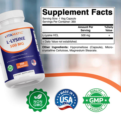 L-Lysine 500 mg, 360 Vegetarian Capsules – Essential Amino Acid Supplement