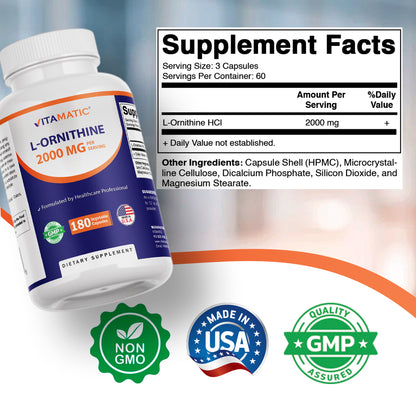 L-Ornithine 2000 mg Per Serving – 180 Vegetable Capsules – Amino Acid Supplement