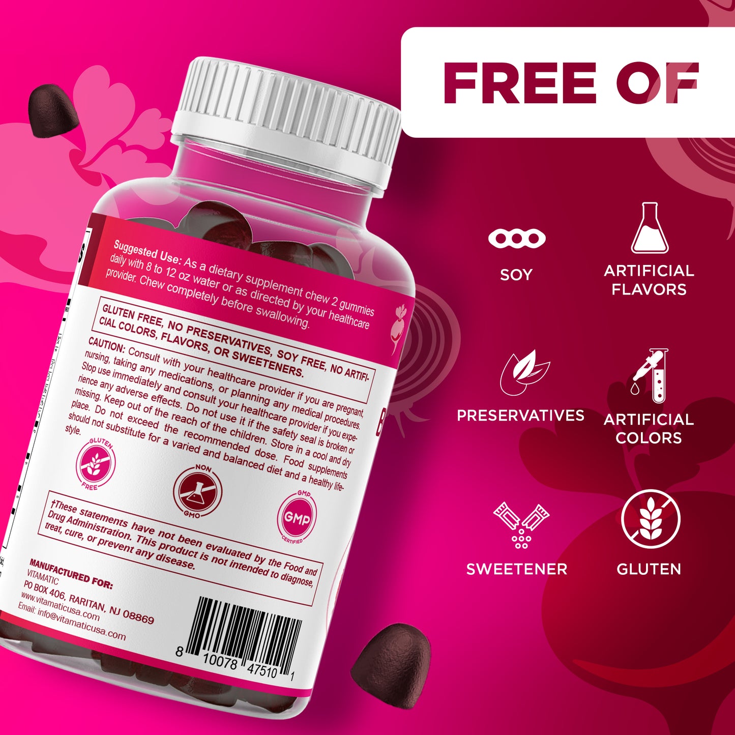 Vitamatic Beet Root Gummies with B6, B12, Grape Seed, Pomegranate & Nicotinamide – Plant-Based Extract – Vegan, Non-GMO – Botanical Supplement Gummies – 60 Count