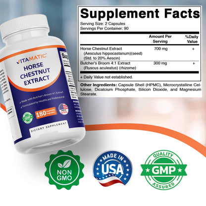 Horse Chestnut Extract 700 mg (Standardized 20% Aescin) with Butcher’s Broom 4:1 Extract 300 mg 180 Capsules