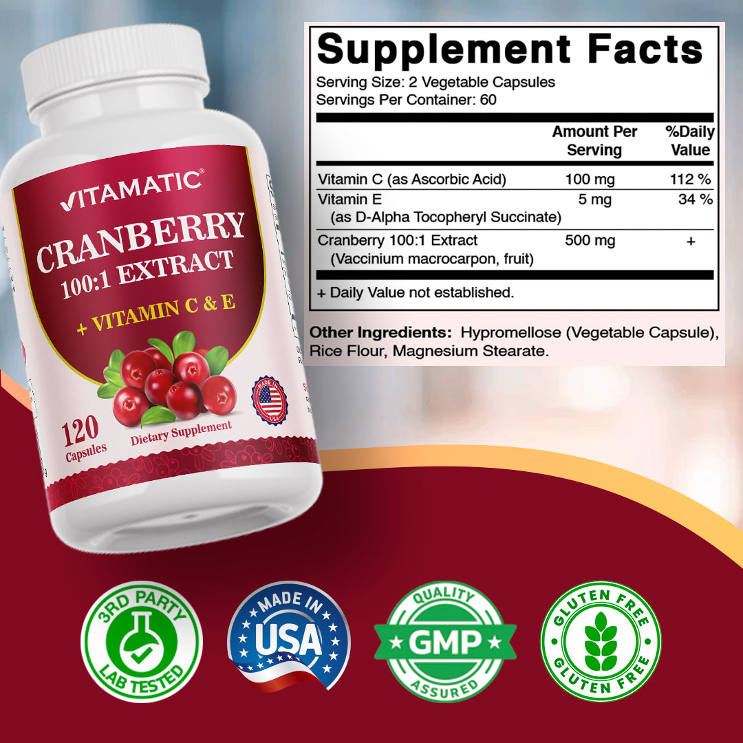 Cranberry 500 mg 100:1 Extract (2 Capsules) with Vitamin C & E – 120 Veg Capsules