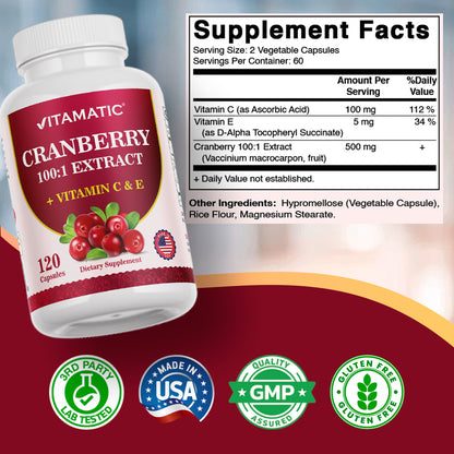 Cranberry 500 mg 100:1 Extract (2 Capsules) with Vitamin C & E – 120 Veg Capsules