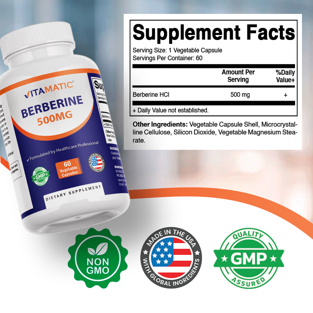 Vitamatic Berberine 500mg Supplement, 60 Veg Capsules