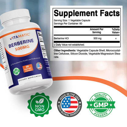 Vitamatic Berberine 500mg Supplement, 60 Veg Capsules