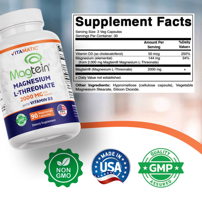 Magtein Magnesium L-Threonate 2000 mg with D3 – 90 Vegetarian Capsules